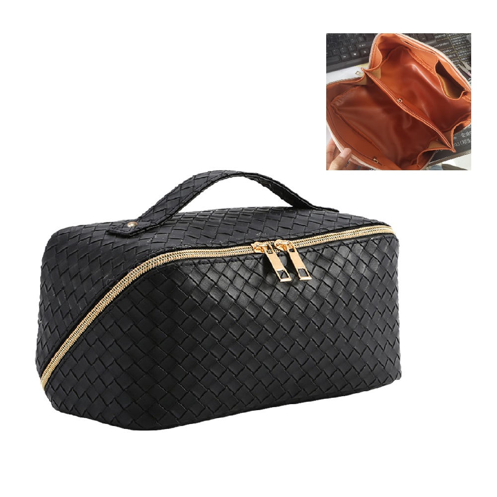 thumbnail image 2 of Bolso cosmético tejido PU con neceser cosmético con cremallera para viajes de verano femeninos, 2 of 3